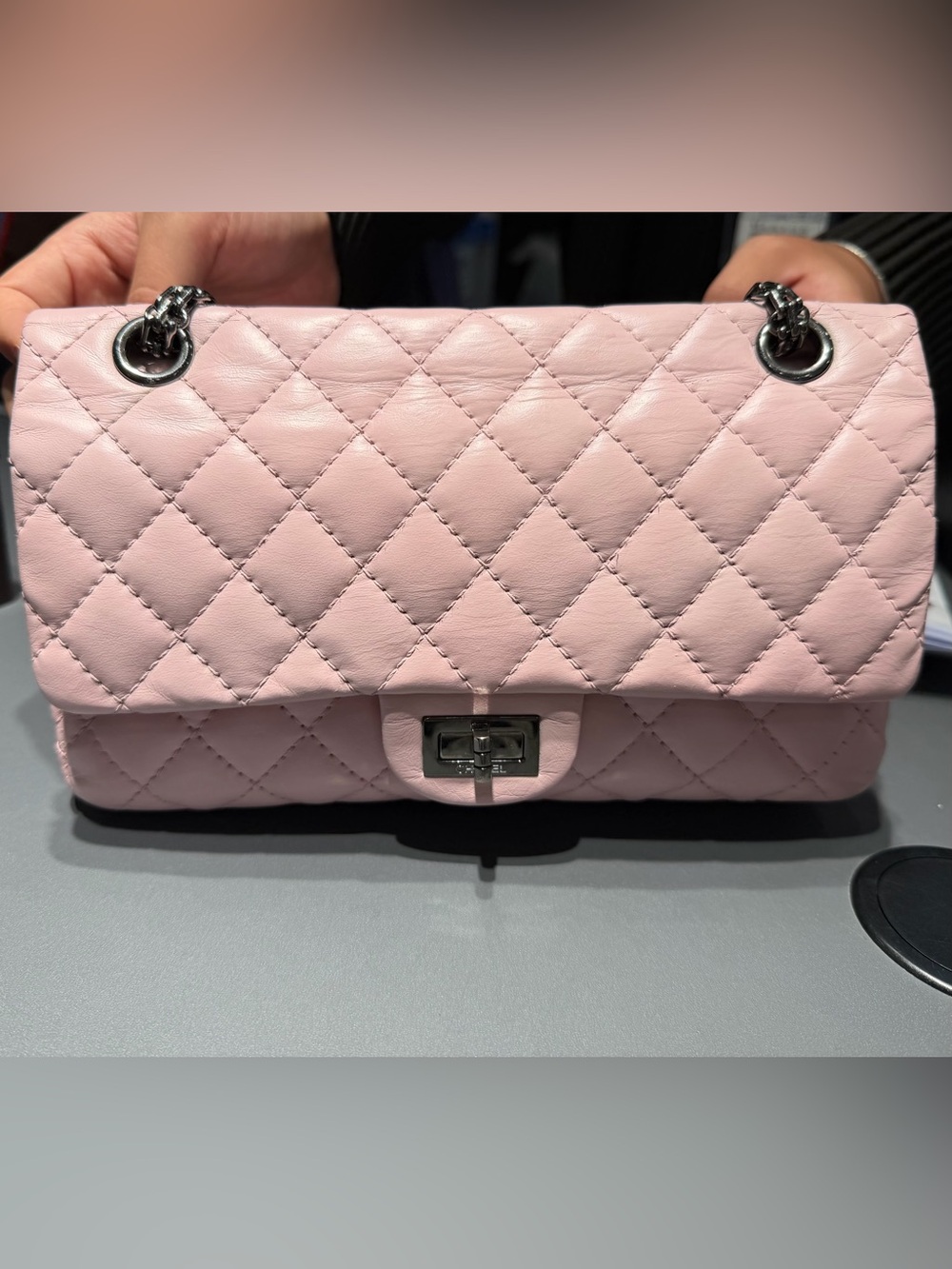 CHANEL 2.55 Reissue Quilted Leather Shoulder Bag in light pink with Silver Chain